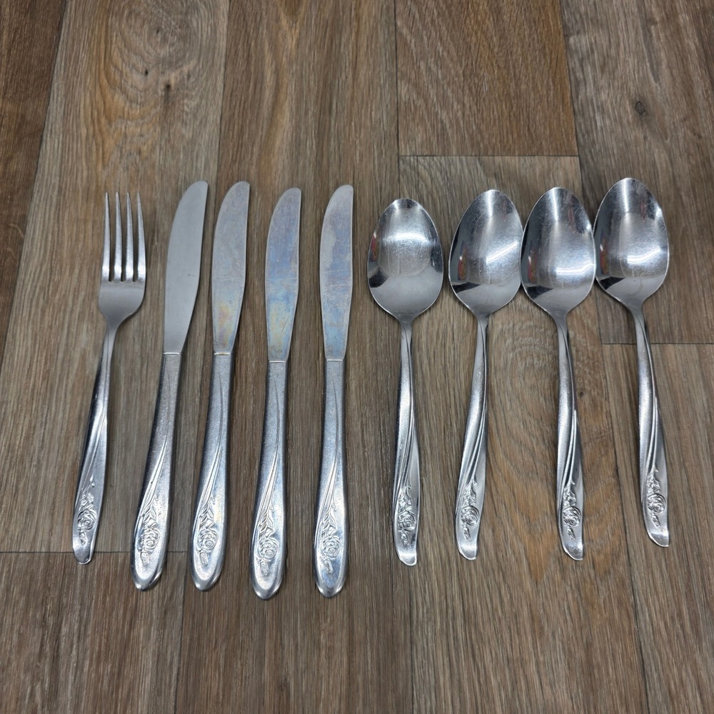 Oneida Rose Song Stainless Flatware 9pc Set Knives Spoons Fork Floral Pattern